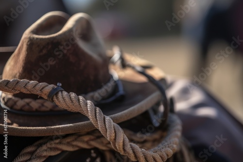 close-up of cowboys hat and rope, with the rest of his outfit blurred out, created with generative ai