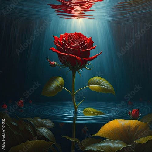 Single red rose growing under water, god rays, generative AI