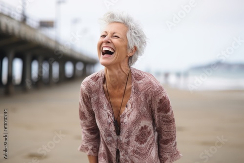 Environmental portrait photography of a grinning mature woman laughing against a scenic beach pier background. With generative AI technology