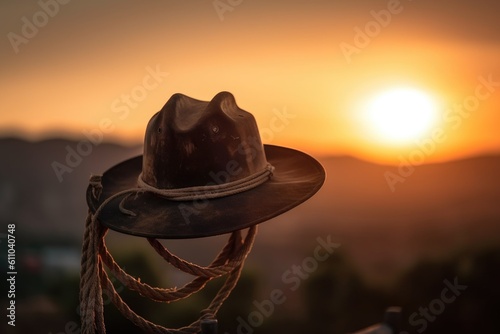 cowboy hat with rope hanging loosely on the side of head, against the backdrop of sunset, created with generative ai