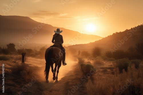 Vászonkép cowgirl, with her trusty steed and cowboy hat, leading the way into sunset, crea