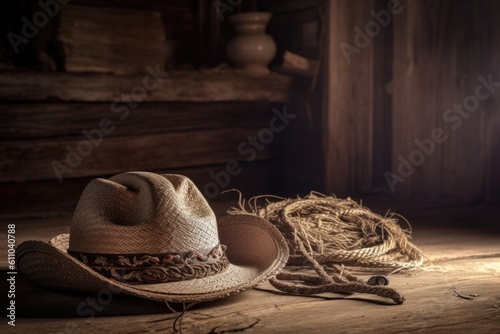cowboy hat and rope wearing down over time in old, dusty barn, created with generative ai