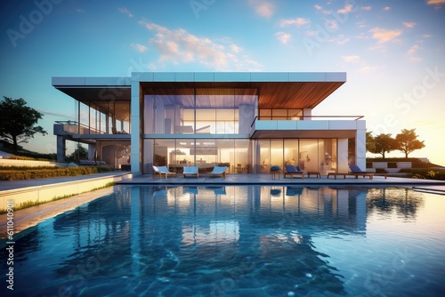 Modern house with pool, Hi-tech, luxury villa, real estate, home, property, exotic garden