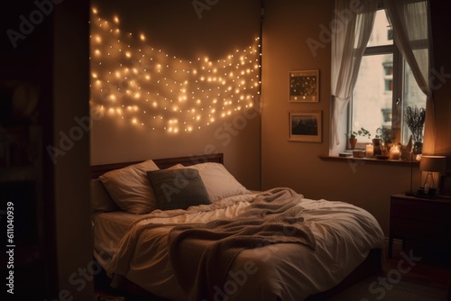 a bedroom with soft lighting, the room illuminated by a bedside lamp and fairy lights on the ceiling, created with generative ai