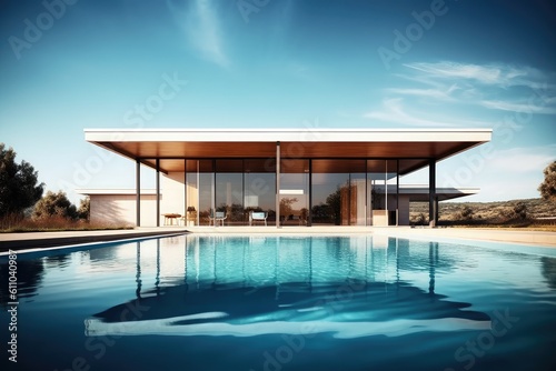 Modern house with pool, Hi-tech, luxury villa, real estate, home, property, exotic garden