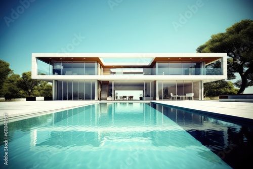 Modern house with pool, Hi-tech, luxury villa, real estate, home, property, exotic garden © YamunaART
