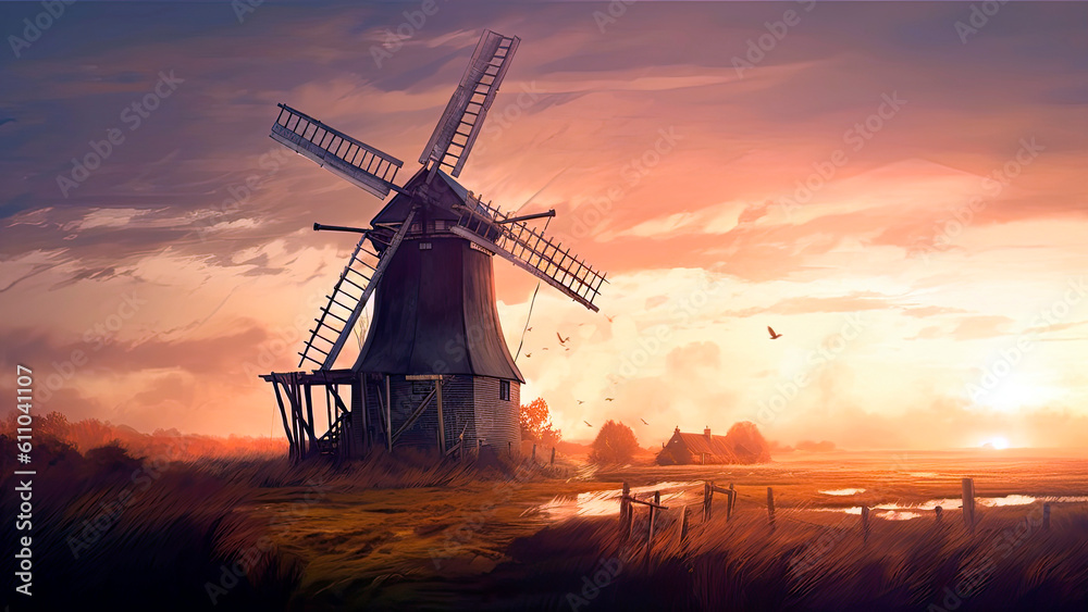 windmill, its blades turning in the wind a reminder of the power of nature, Generative AI
