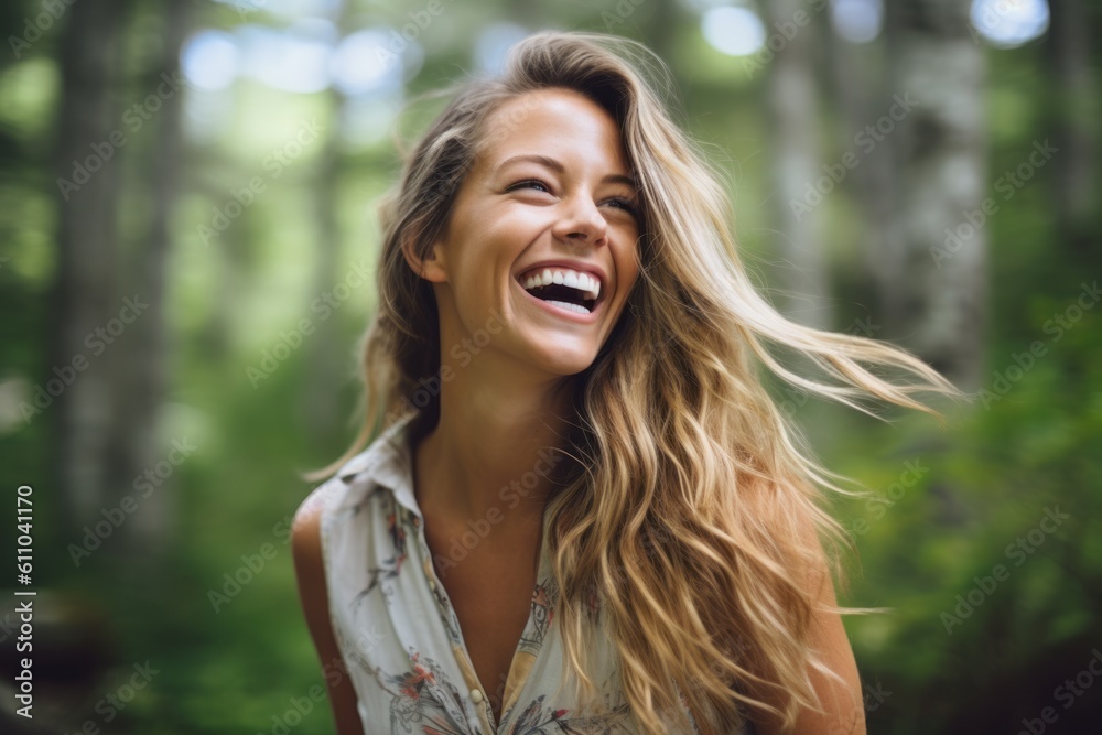 Medium shot portrait photography of a joyful girl in her 30s laughing against a serene nature trail background. With generative AI technology Medium shot portrait photography of a joyful girl in her 30s laughing against a serene nature trail background. With generative AI technology
