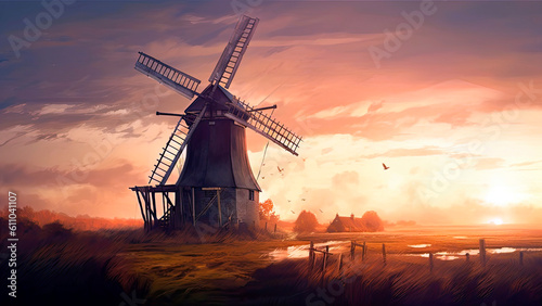 windmill, its blades turning in the wind a reminder of the power of nature, Generative AI