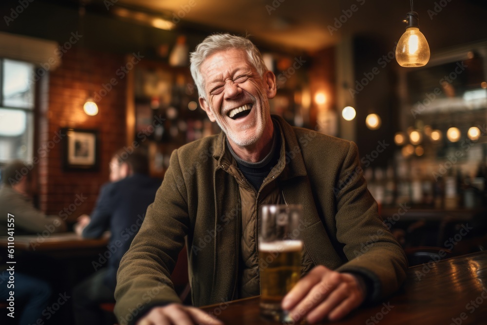 Environmental portrait photography of a glad mature man laughing against a lively pub background. With generative AI technology