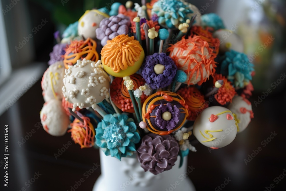 cake pop bouquet with pops of different colors, shapes and designs, created with generative ai