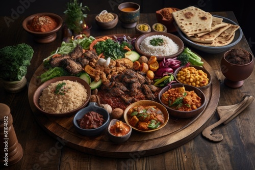 platter of authentic ethnic food, topped with spin on traditional recipes, created with generative ai