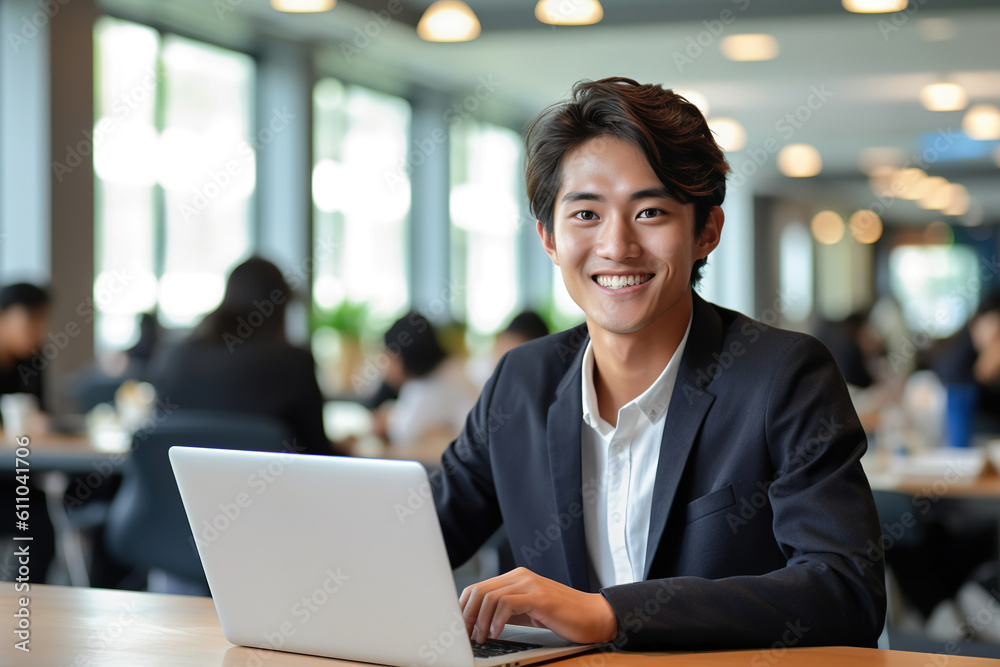 Young asian business man using notebook for work in office. Generative ai. Young asian business man using notebook for work in office. Generative ai.