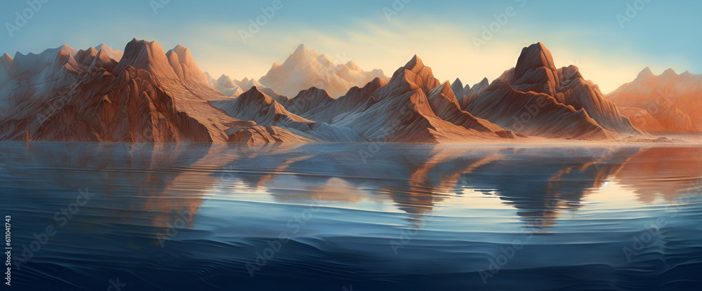 a series of mountains on water in the sand. Generative AI.