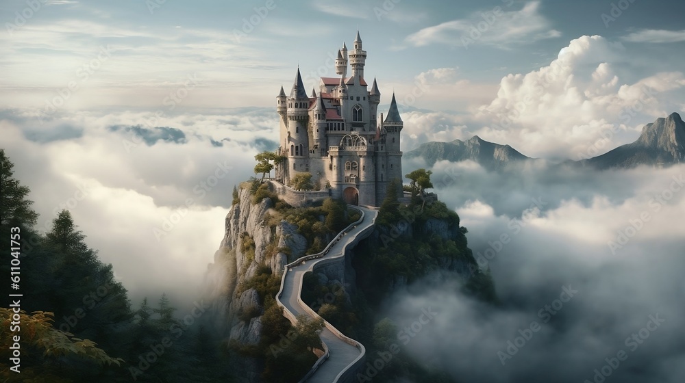 a fairytale castle in the clouds with a road beside it. Generative AI.