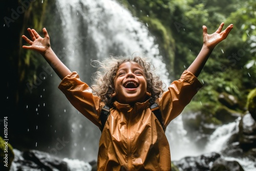 Medium shot portrait photography of a happy kid female celebrating winning against a picturesque waterfall background. With generative AI technology