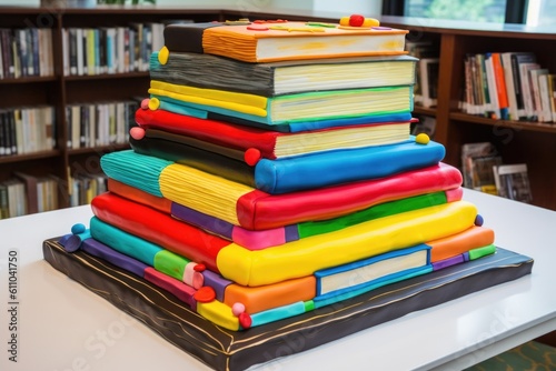 Wallpaper Mural decorative cake made to resemble giant stack of books with pops of color, created with generative ai Torontodigital.ca