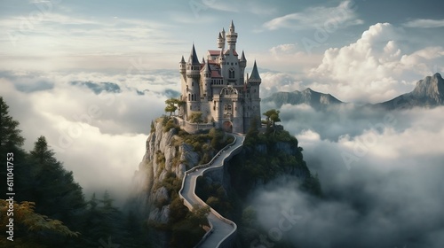 a fairytale castle in the clouds with a road beside it. Generative AI.