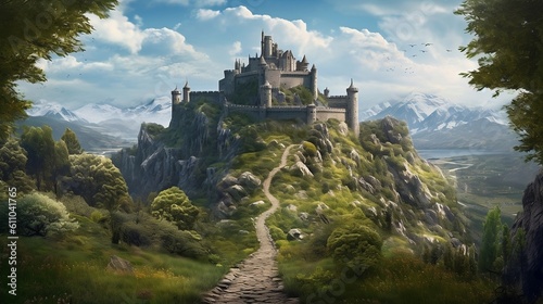 castle scene on mountain with a path leading to a castle. Generative AI.