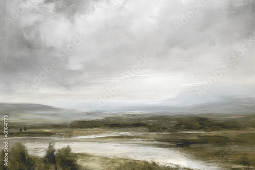 An oil painting of an English countryside view with a cloudy sky and muted green colour tone photo