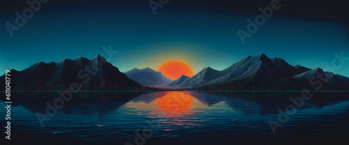in the night time, the image shows some mountains and an ocean. Generative AI.