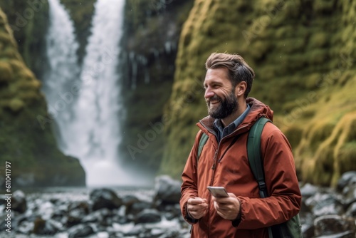 Lifestyle portrait photography of a happy boy in his 30s using the mobile against a picturesque waterfall background. With generative AI technology