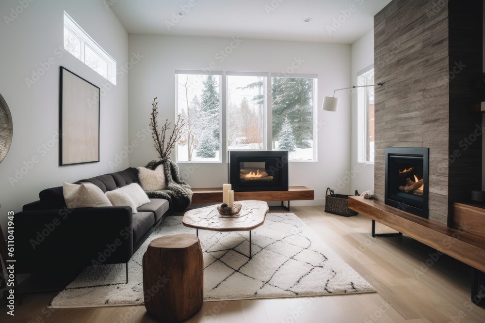 Fototapeta premium a cozy living room with a fireplace and contemporary furnishings, created with generative ai
