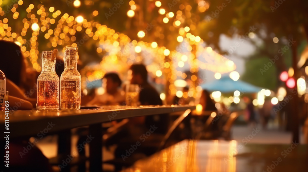 A Night of Bliss: Street Bar Revelry Under the Bokeh Lights. Generative AI