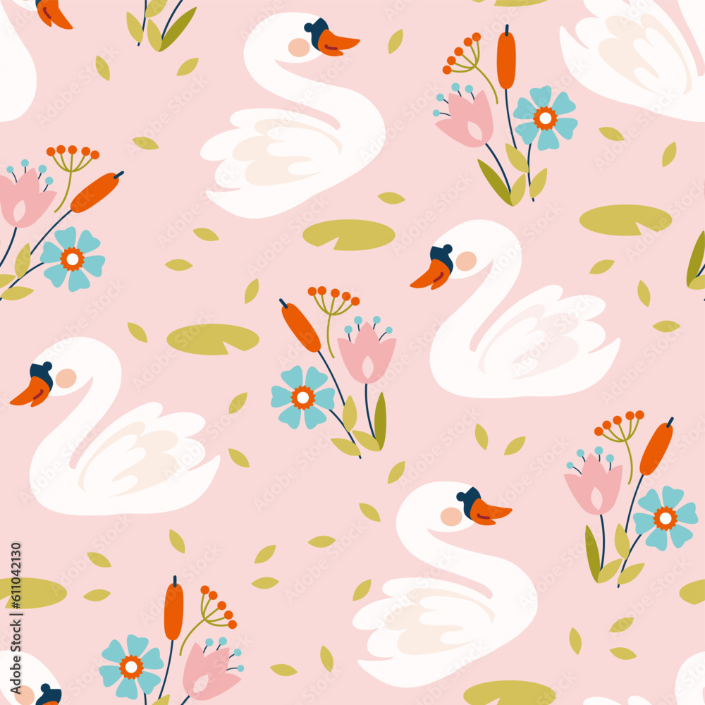 Colorful seamless pattern with cute swan, flower, reed, cattail in flat style. Endless texture for fabric, clothes, background, textile, wallpaper. Vector color illustration.