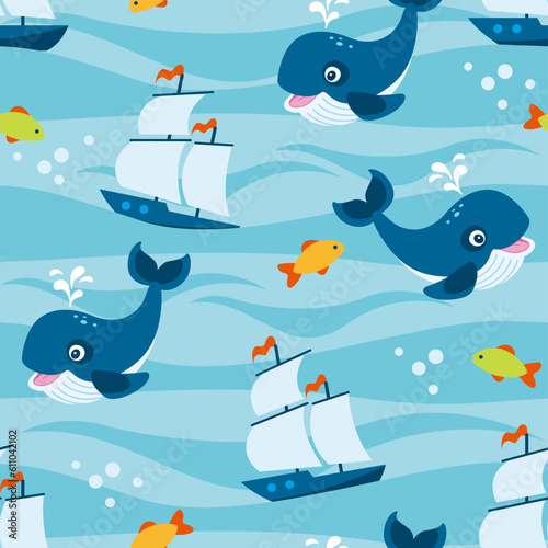 Colorful seamless pattern with cute sailing ship, wave, whale, fish in flat style. Marine endless texture for fabric, baby clothes, background, textile, wrapping paper. Vector illustration.