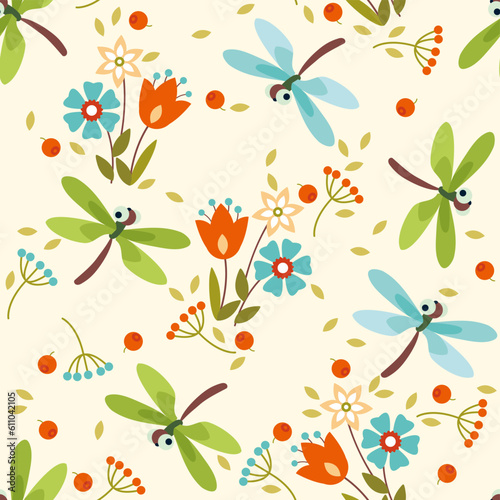 Colorful seamless pattern with cute dragonflies, flowers in flat style. Endless texture for fabric, clothes, background, textile, wallpaper. Vector color illustration.
