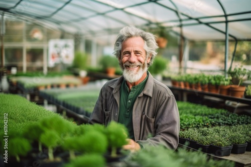 Full-length portrait photography of a satisfied mature man growing plants in a greenhouse against a vibrant farmer's market background. With generative AI technology