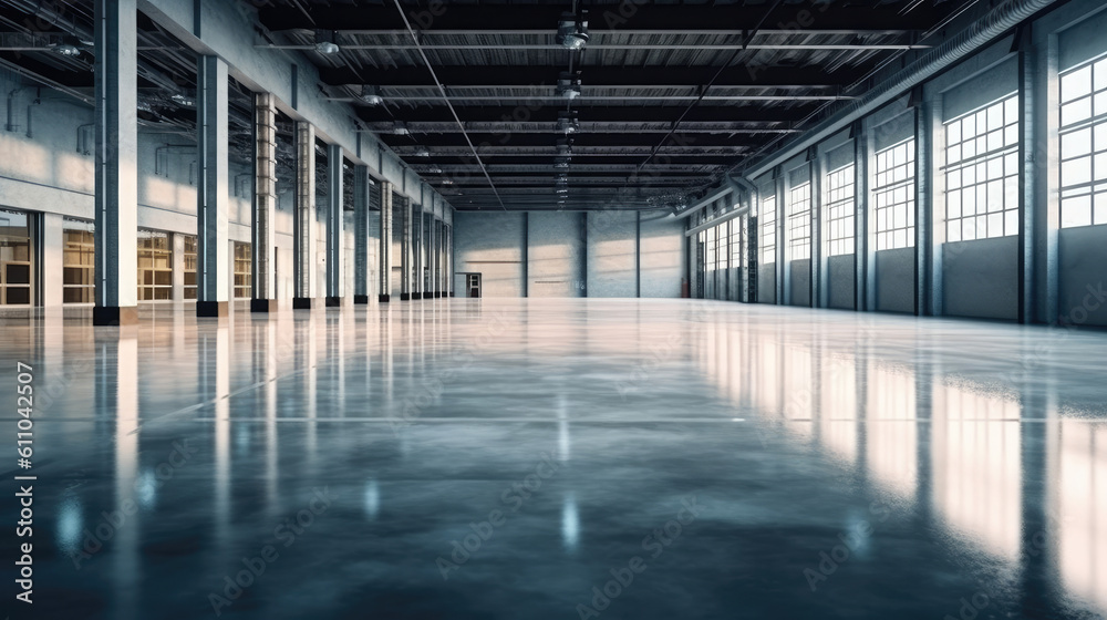 Industrial building or modern factory for manufacturing production plant or large warehouse, Polished concrete floor clean condition and space for industry product, Generative AI Industrial building or modern factory for manufacturing production plant or large warehouse, Polished concrete floor clean condition and space for industry product, Generative AI