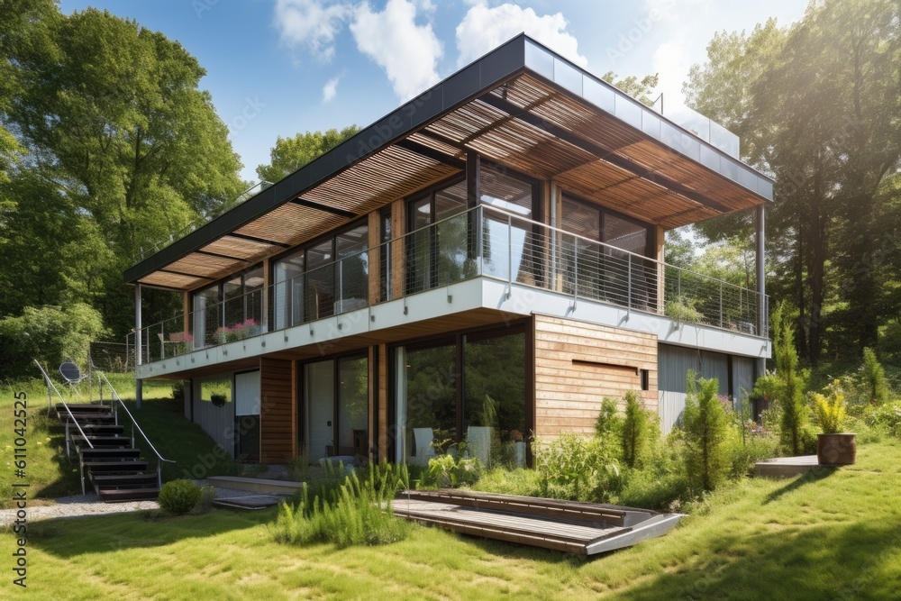 eco-home with solar panels and energy efficient windows, created with generative ai