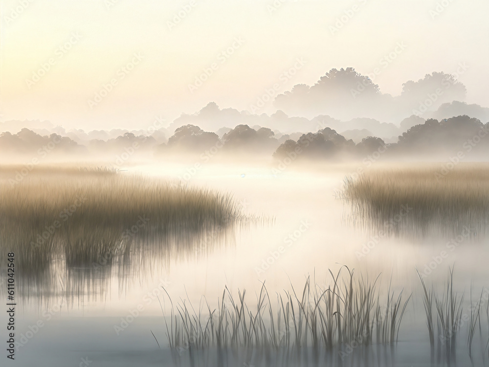 Elegant watercolor illustration landscape of wetland and mountain, created with generative AI technology