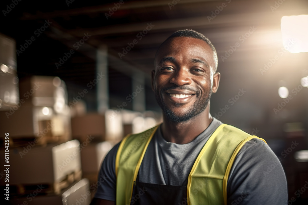 Portrait of African man worker at warehouse. Generative ai Portrait of African man worker at warehouse. Generative ai