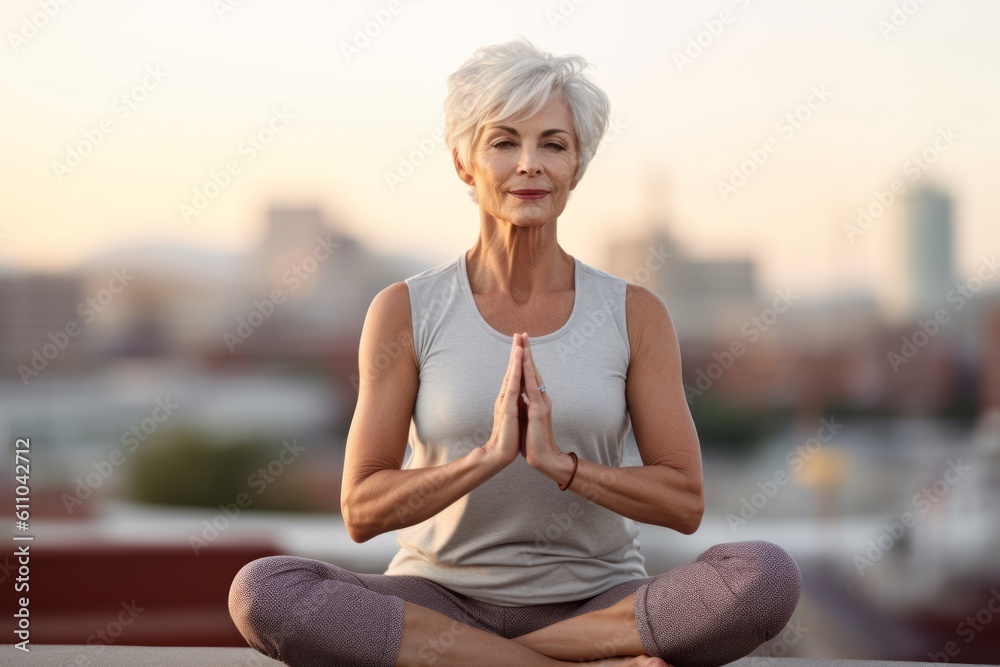 Lifestyle portrait photography of a glad mature woman practicing yoga against a bustling city square background. With generative AI technology