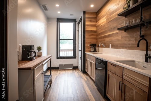 wooden flooring in kitchen and bathroom  natural light  and slow drip coffee maker  created with generative ai