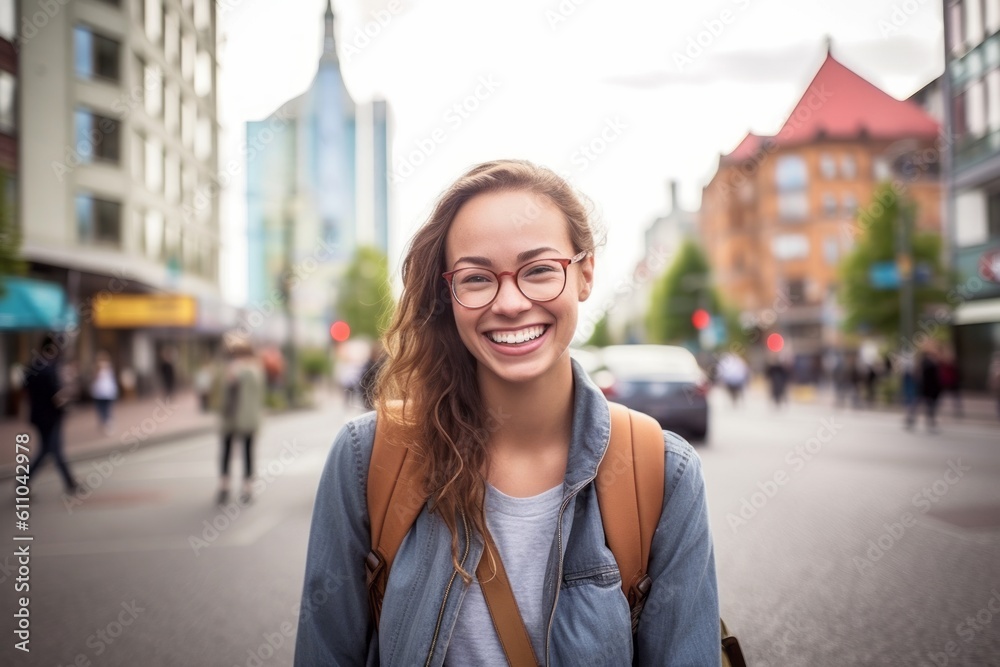 Lifestyle portrait photography of a grinning girl in her 30s drawing against a lively downtown street background. With generative AI technology Lifestyle portrait photography of a grinning girl in her 30s drawing against a lively downtown street background. With generative AI technology
