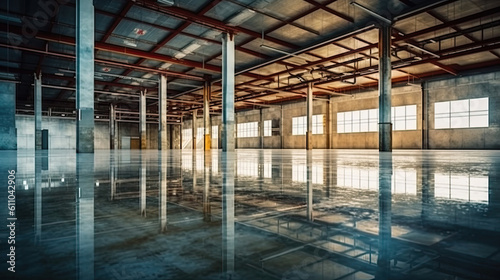 Industrial building or modern factory for manufacturing production plant or large warehouse  Polished concrete floor clean condition and space for industry product  Generative AI