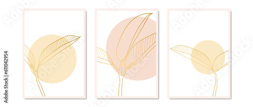 Set of vector templates with summer tropical golden leaves. Palm leaves, coconut leaf, botanical design for wall art prints, print, decor, poster art.