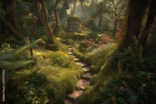 fantasy garden with shortcut through the woods, leading to hidden grove, created with generative ai