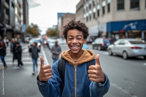 Environmental portrait photography of a joyful boy in his 30s showing ok gesture against a lively downtown street background. With generative AI technology photo