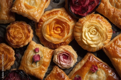floral pattern on flaky puff pastries and turnovers, created with generative ai