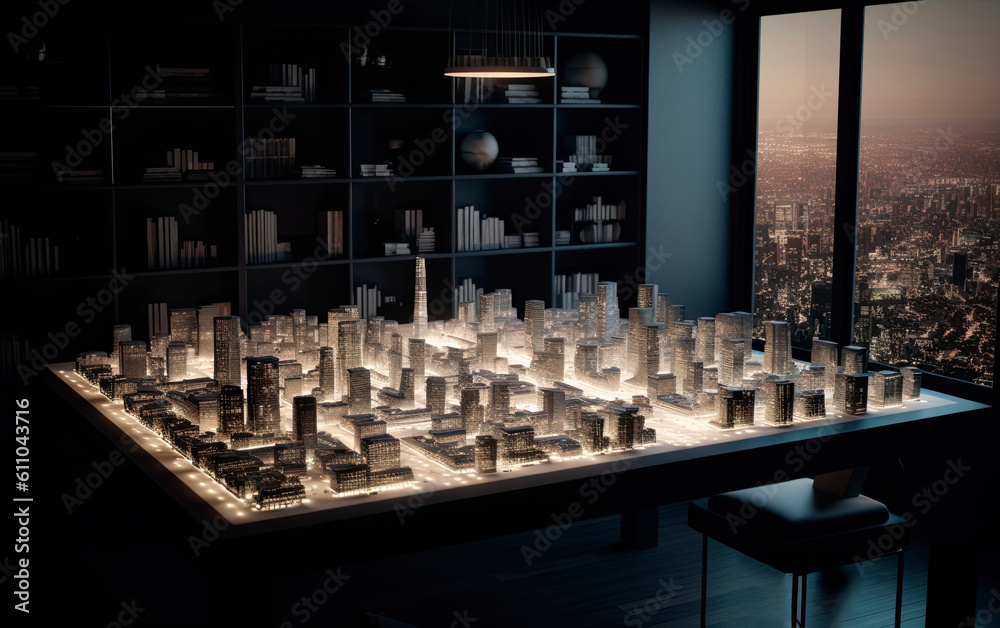 Indoor view of an architecture studio with an illuminated miniature city model and an astonishing window view to an actual town at night. Generative AI.