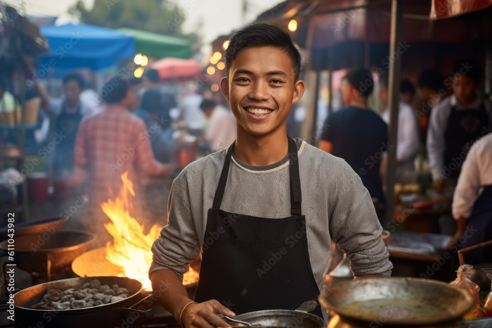 Medium shot portrait photography of a glad boy in his 30s cooking against a bustling outdoor bazaar background. With generative AI technology Medium shot portrait photography of a glad boy in his 30s cooking against a bustling outdoor bazaar background. With generative AI technology