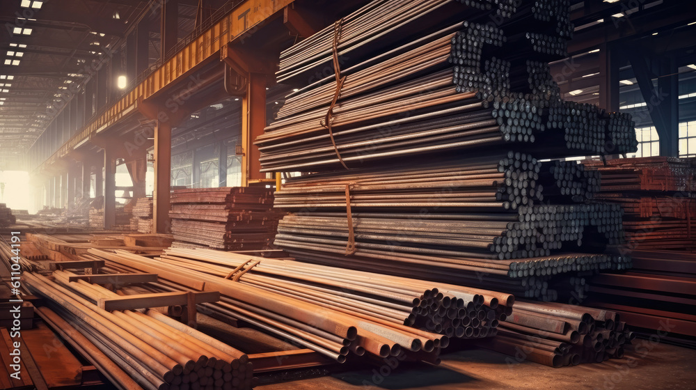 Steel in industrial warehouse, beam, pipe, steel plate, Generative AI Steel in industrial warehouse, beam, pipe, steel plate, Generative AI