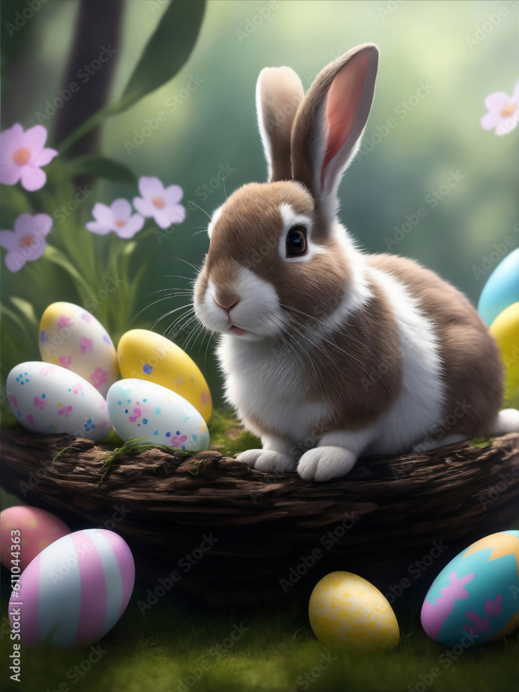 Happy bunny rabbits with easter eggs, Generative AI Illustration. Happy bunny rabbits with easter eggs, Generative AI Illustration.