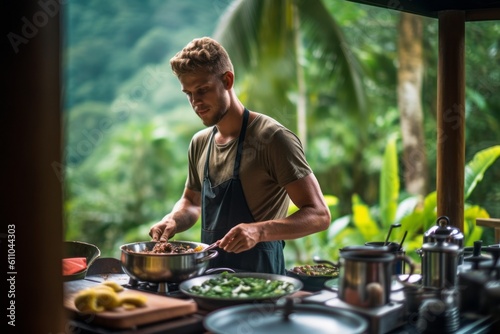 Lifestyle portrait photography of a satisfied boy in his 30s cooking against a scenic tropical rainforest background. With generative AI technology