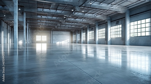 Industrial building or modern factory for manufacturing production plant or large warehouse, Polished concrete floor clean condition and space for industry product, Generative AI © Sasint